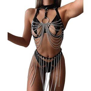 Black full body leather strap adjustable sexy chain bondage cosplay costume NWT